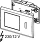 Wandmontierte TECE WC-Elektronik mit IR-Sensor, Rückseite mit Anschlüssen, für 230/12 V-Netz, Edelstahl-Oberfläche.